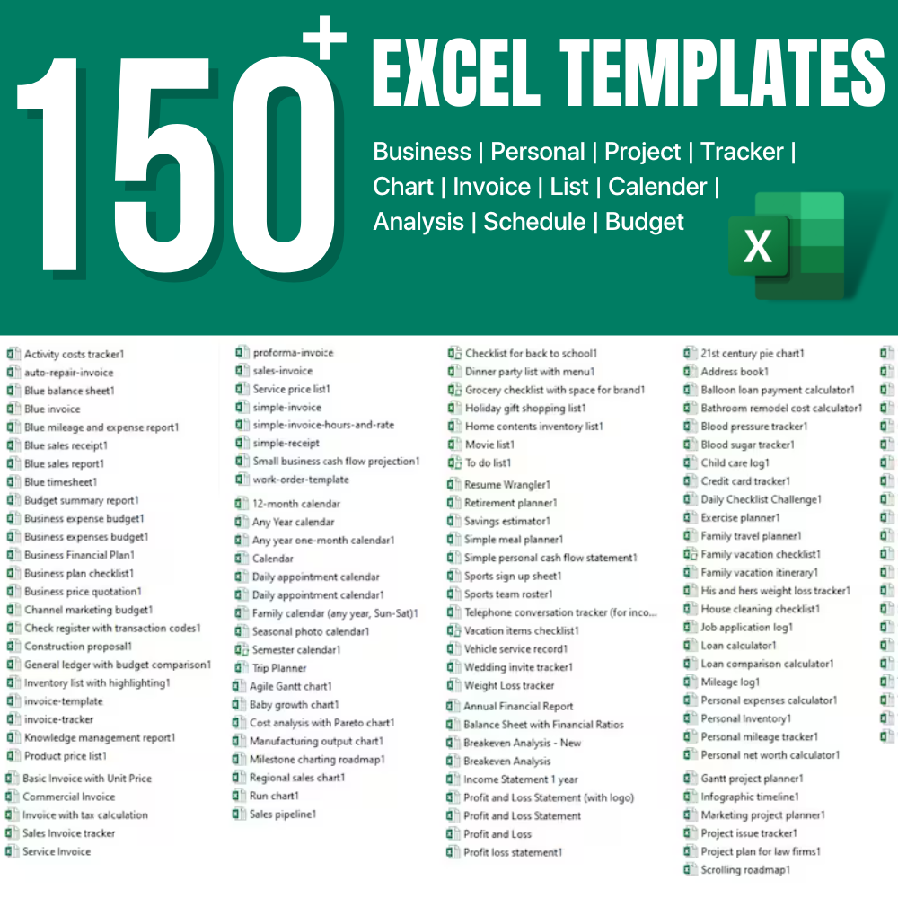 RESELL - 150+ Excel Templates Collection